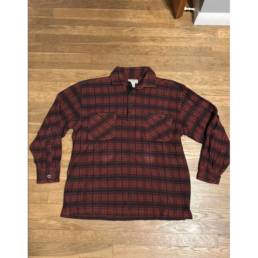 Vintage 90s Arizona Flannel Shirt Large Red Plaid Corduroy Henley Pullover
